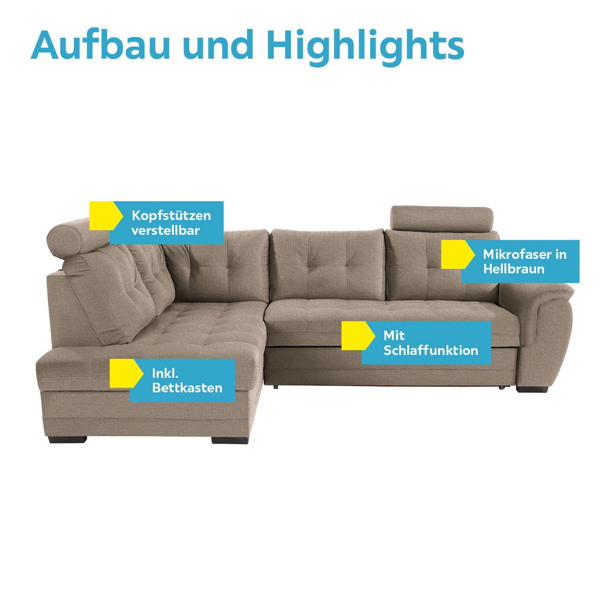 Ecksofa mit Schlaffunktion + Bettkasten Falco, Mikrofaser - Hellbraun/Dunkelbraun, KONVENTIONELL, Textil (183/251cm) - Ondega