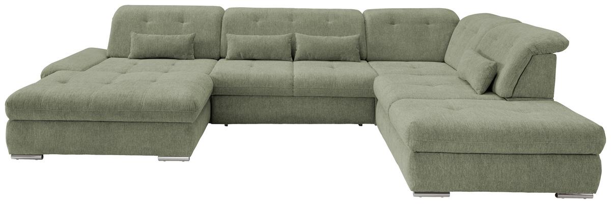 Wohnlandschaft Dalida Mit Schlaffunktion Grün Chenille - Chromfarben/Grün, Design, Textil (195/376/254cm) - Livetastic