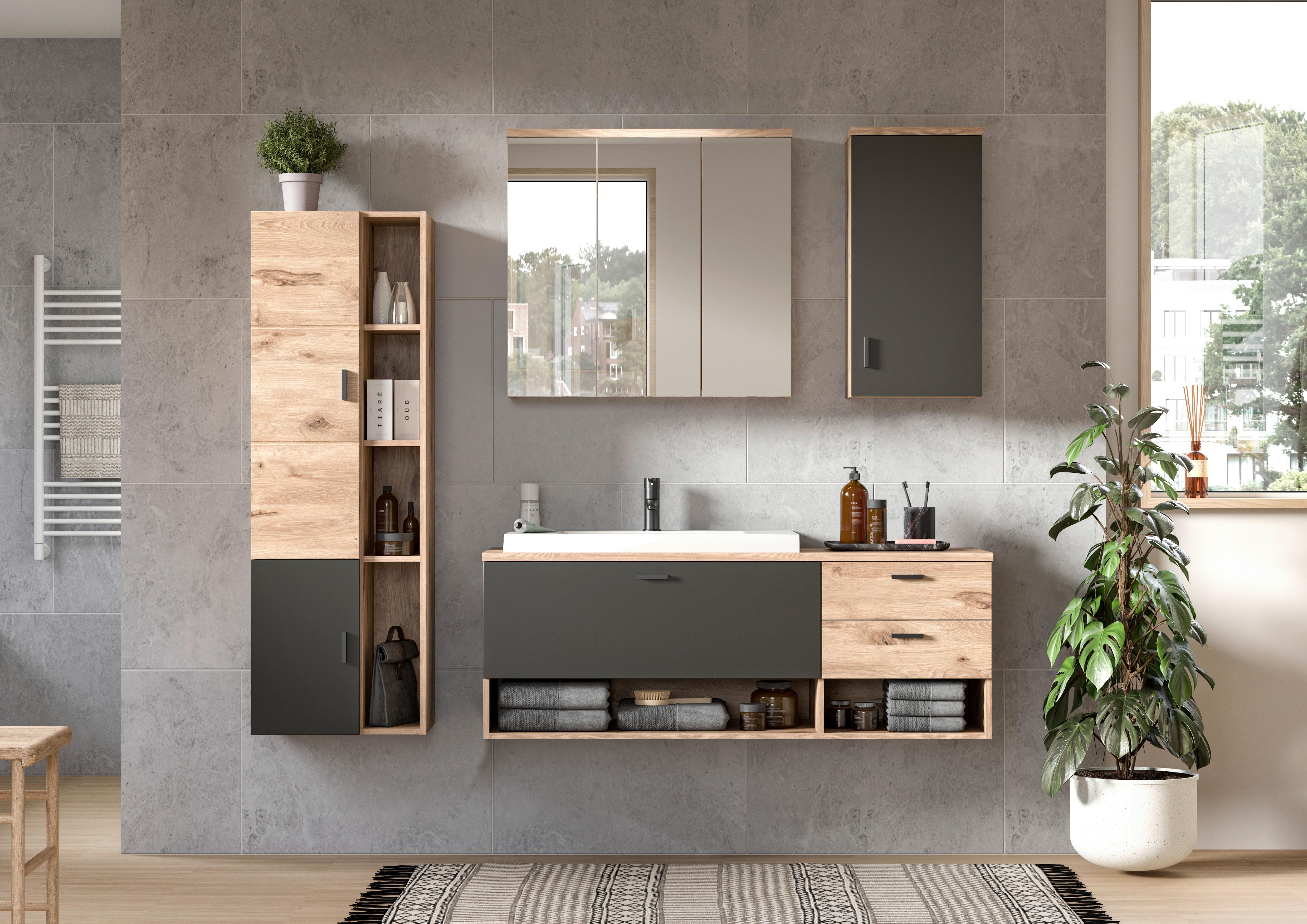 Badezimmer Grado Eiche Dekor/grau - Weiß Hochglanz/Grau, MODERN, Glas/Keramik (182cm) - MID.YOU