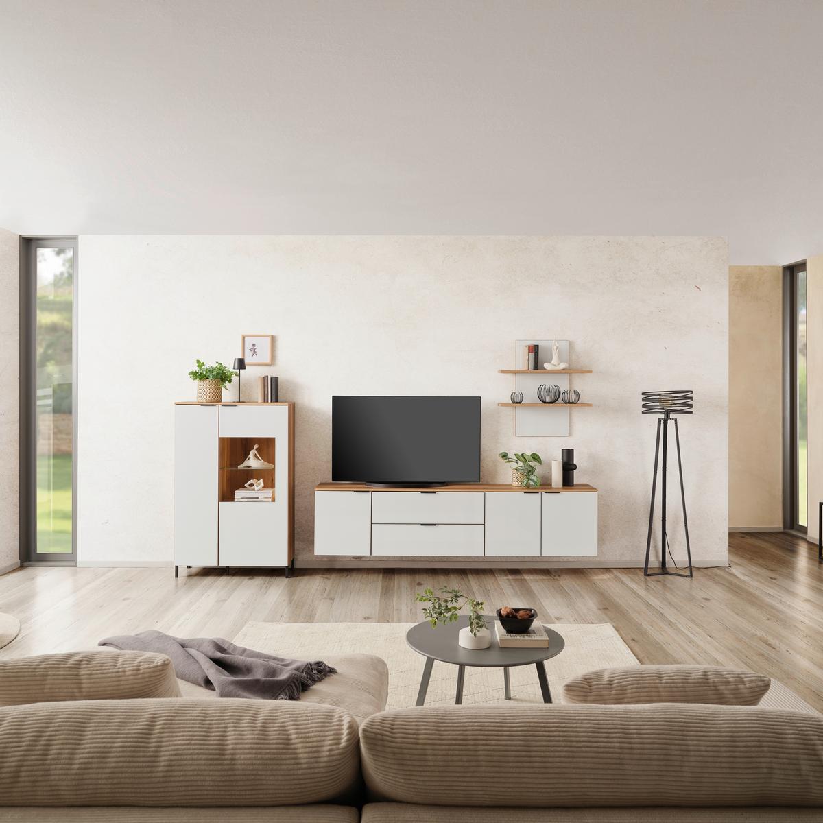 Wohnwand Austin 315 cm Eichefarben/Glasfront Weiß - Eichefarben/Weiß, Trend, Glas/Holzwerkstoff (315/140/40cm)