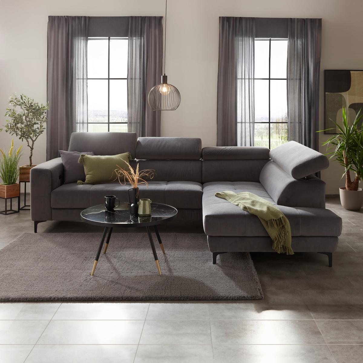 Rohová sedačka EMMA, pravá, šedá,nast.op.hl.,USB,el. výsuv - šedá/černá, Moderní, textil (301/47/210cm) - Premium Living