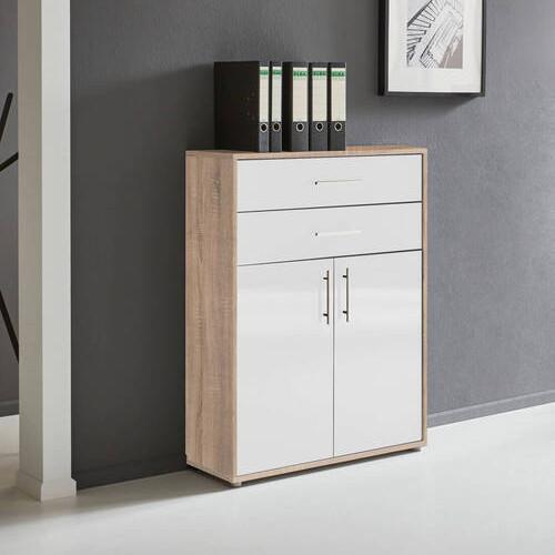 Aktenschrank Office Edition - Weiß Hochglanz/Sonoma Eiche, MODERN, Holzwerkstoff (84,5/114/33cm) - MID.YOU