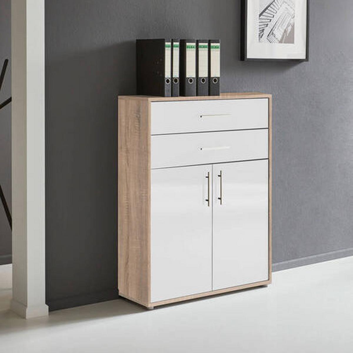 Aktenschrank Office Edition - Weiß Hochglanz/Sonoma Eiche, MODERN, Holzwerkstoff (84,5/114/33cm) - MID.YOU