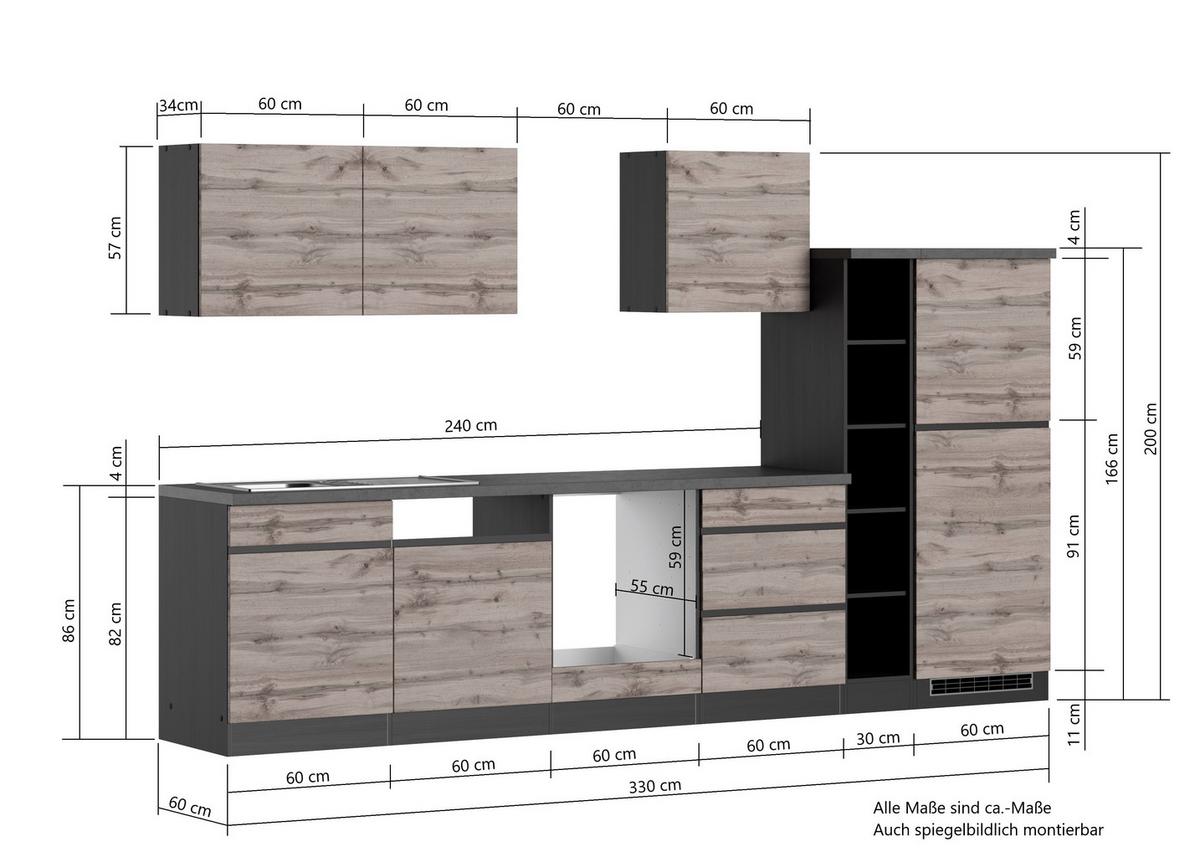 Küchenzeile Turin ohne Geräte B: 330 cm Graphit/Eiche Dekor - Eiche Wotan/Graphitfarben, Design, Holzwerkstoff (330cm) - Held