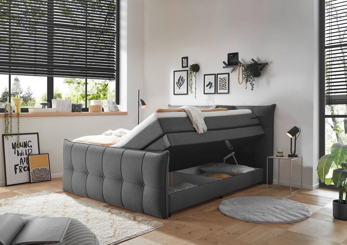 Boxspringbett Manchester 6 - Anthrazit/Schwarz, MODERN, Holzwerkstoff/Textil (180/200cm) - MID.YOU