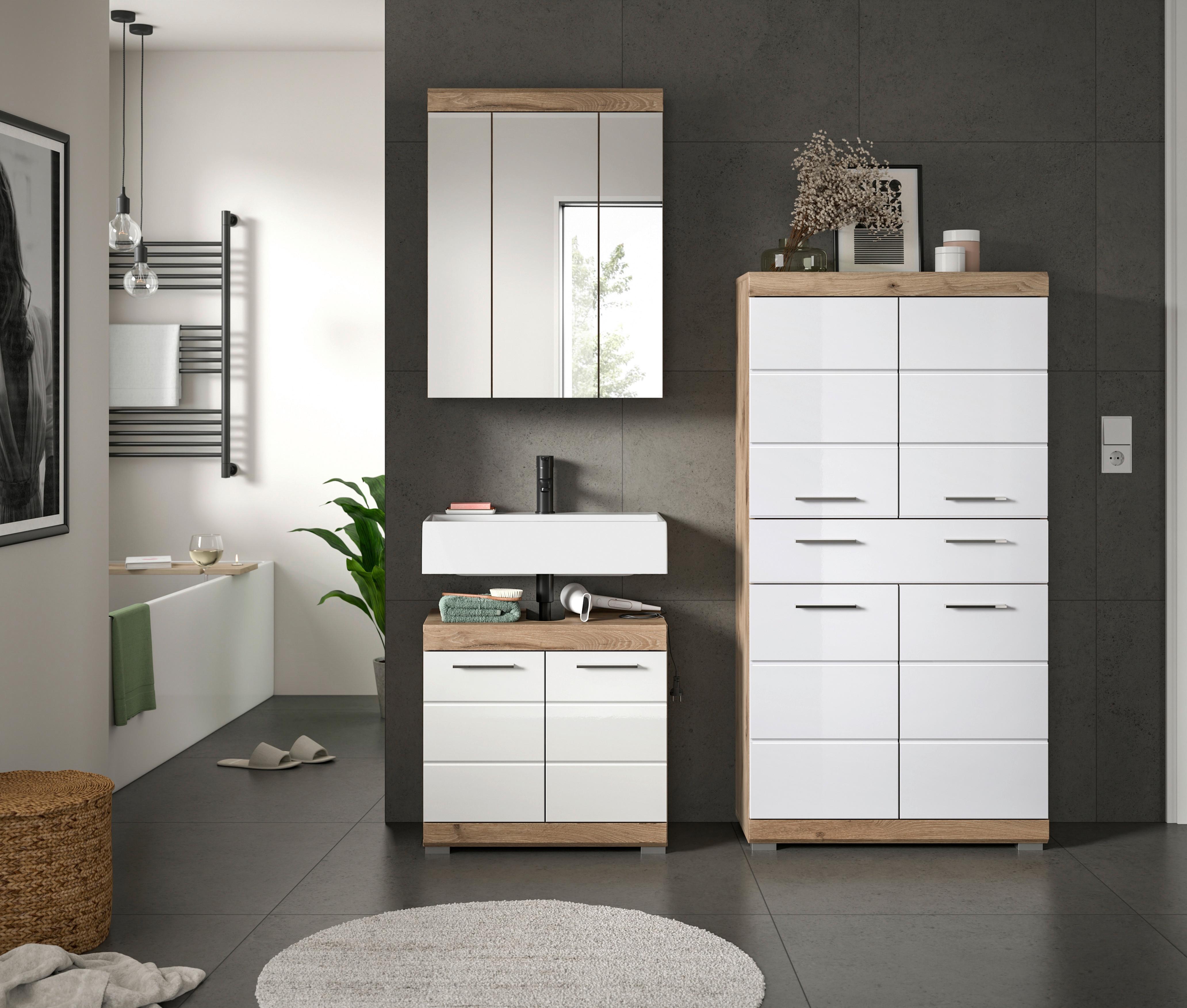 Badezimmer Eichefarben Dekor Weiß Hg - Weiß Hochglanz/Eichefarben, MODERN, Glas/Holzwerkstoff (134cm) - MID.YOU