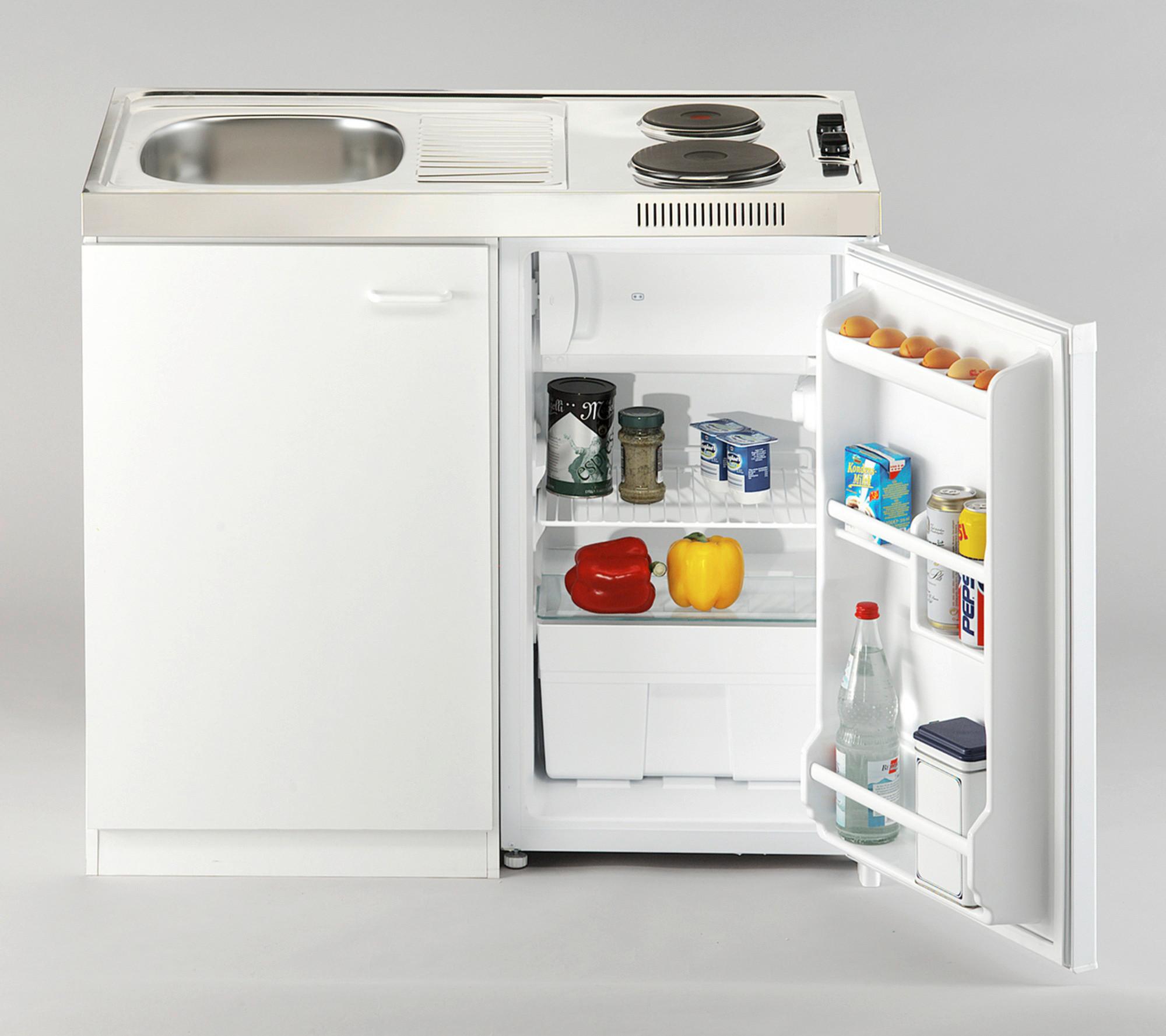 Miniküche mit Kühlschrank + Kochfeld 100 cm Weiß Dekor