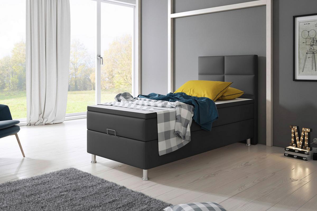 Boxspringbett Mit Topper 90x200 Cm Miami-Bk - Anthrazit/Silberfarben, KONVENTIONELL, Leder/Textil (90/115/210cm) - MID.YOU