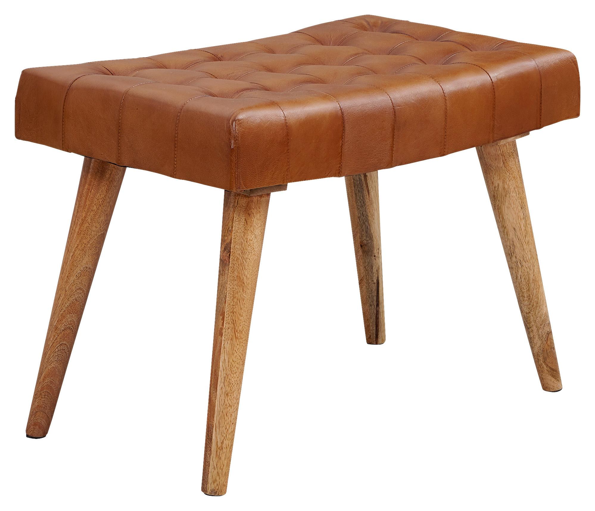 Taburet hocker pravá kůže - hnědá, Natur, dřevo/kůže (67/47/39cm) - MID.YOU
