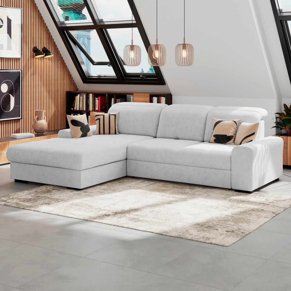 Ecksofa mit Bettfunktion Malaga new Chenille silber - Silberfarben/Schwarz, KONVENTIONELL, Textil (203/286cm) - Ondega