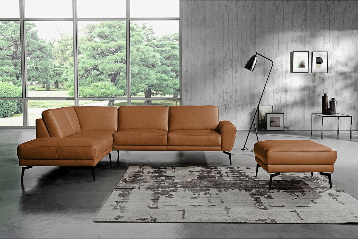 Ecksofa Spring, Cognac S: 250x273 cm - Cognac/Schwarz, Design, Leder (250/273cm) - Livetastic