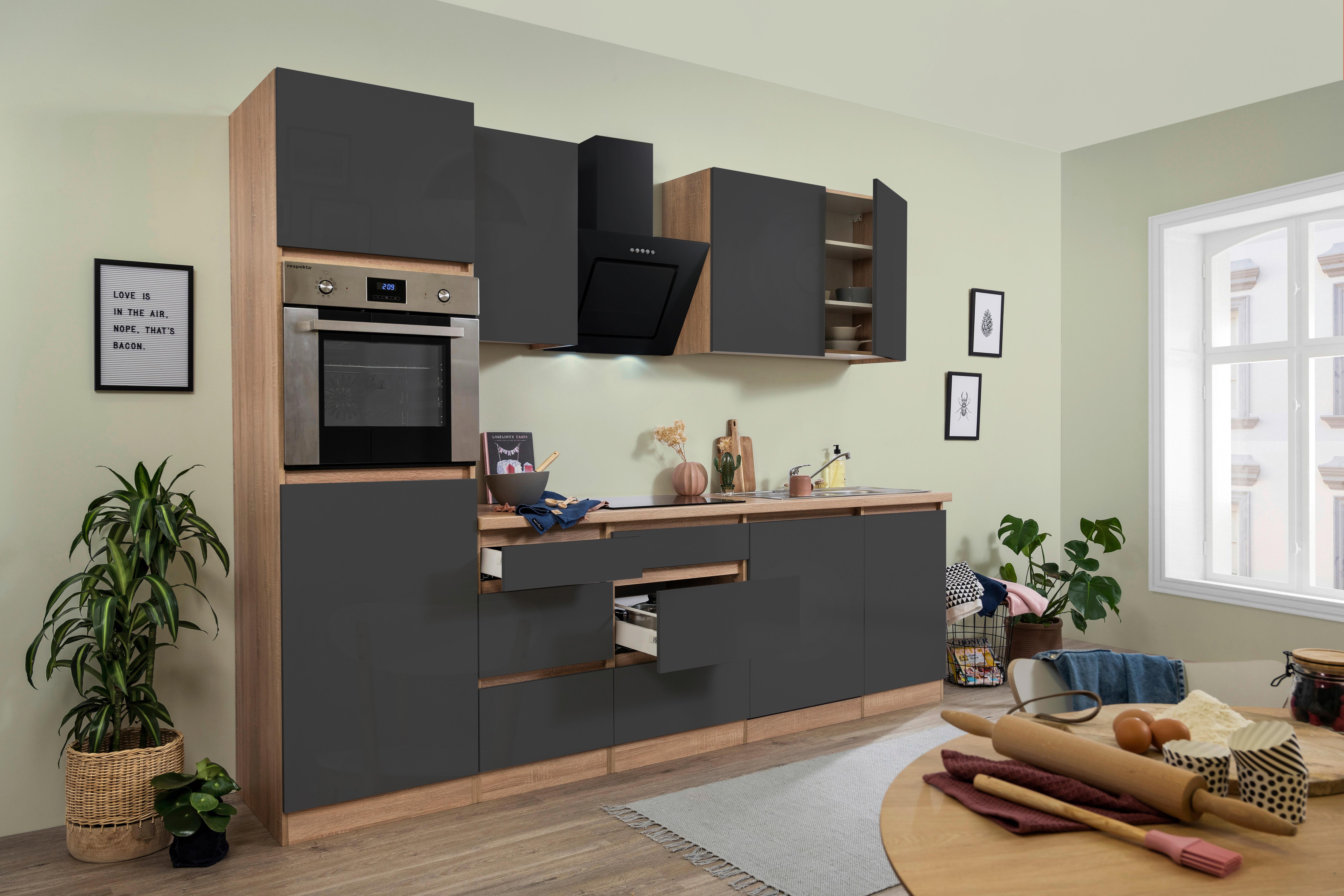 Küchenzeile Premium M. Geräten 280 Cm Grau/eiche Dekor Modern - Eichefarben/Grau, MODERN, Holzwerkstoff (280cm) - Respekta