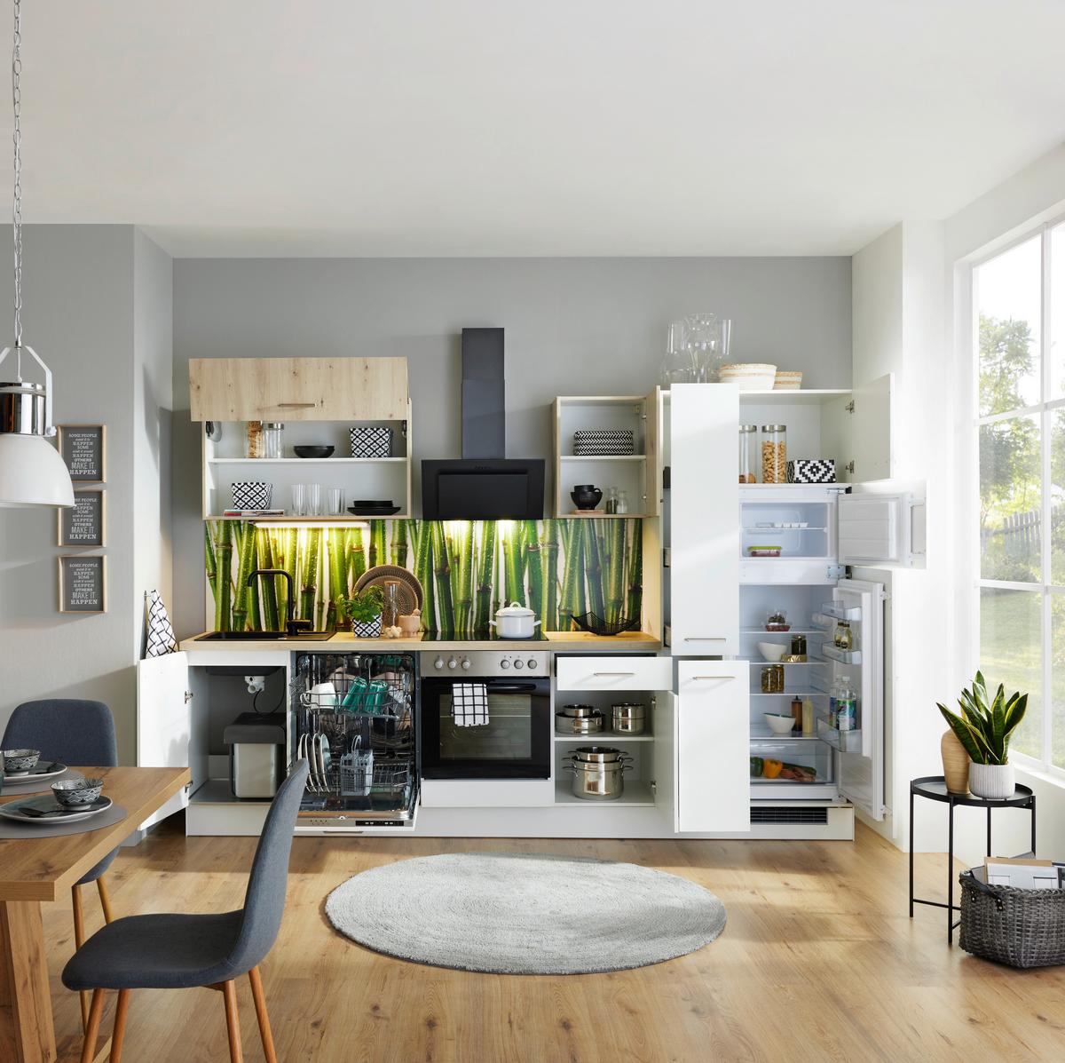 Küchenzeile Ip1200 mit Geräten 310 cm Weiß/Eiche Dekor - Eichefarben/Weiß, Basics, Holzwerkstoff (310cm)