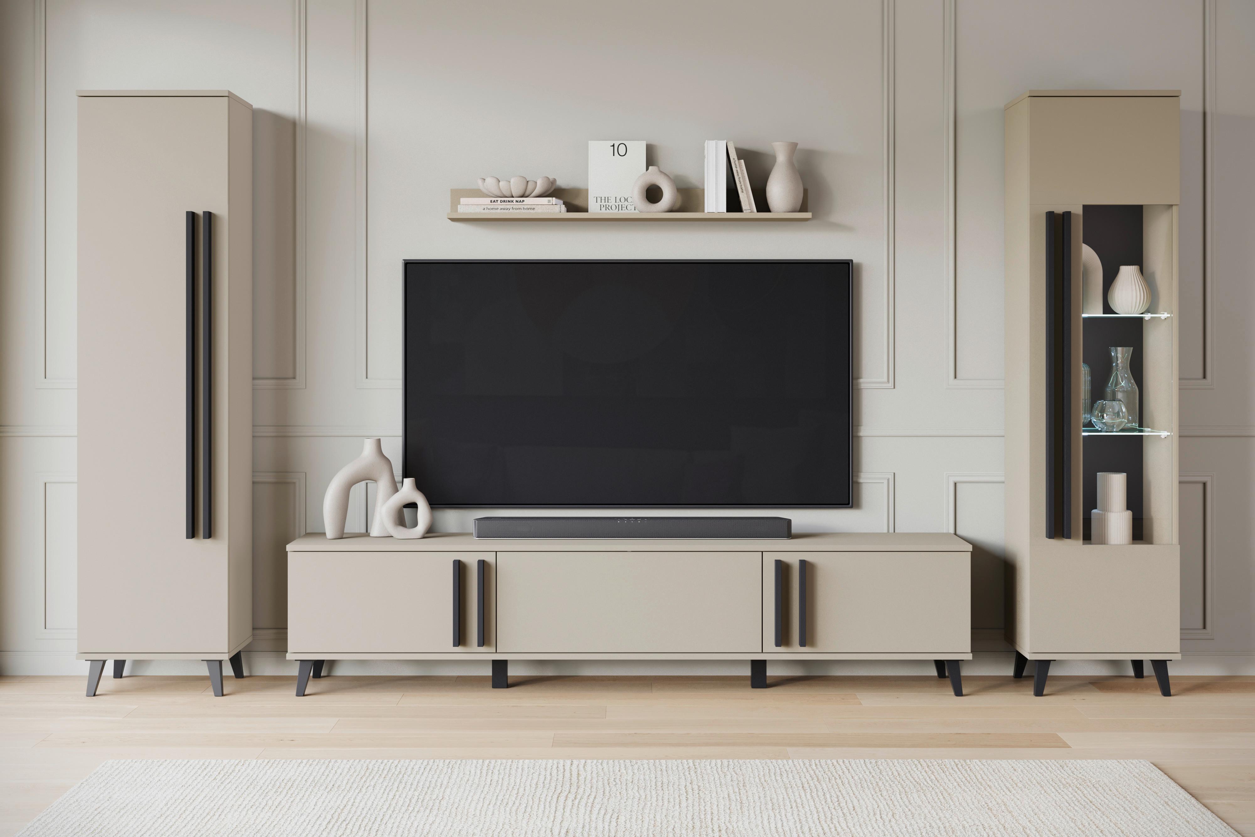 Wohnwand Helsinki 02 Beige/Congo B: 260 cm - Beige/Schwarz, Trend, Glas/Holzwerkstoff (260/159,5/33cm)