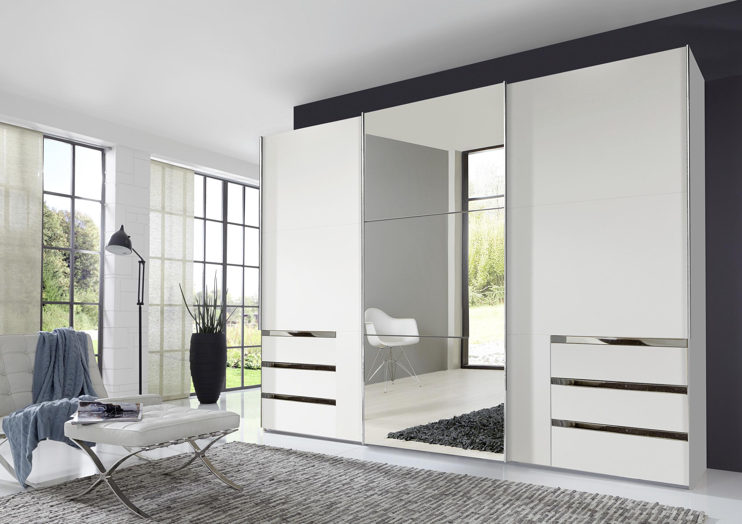 Schwebetürenschrank Mit Spiegel + Laden 300cm Level 36a, Weiß - Silberfarben/Weiß, MODERN, Glas/Holzwerkstoff (300/216/65cm) - MID.YOU