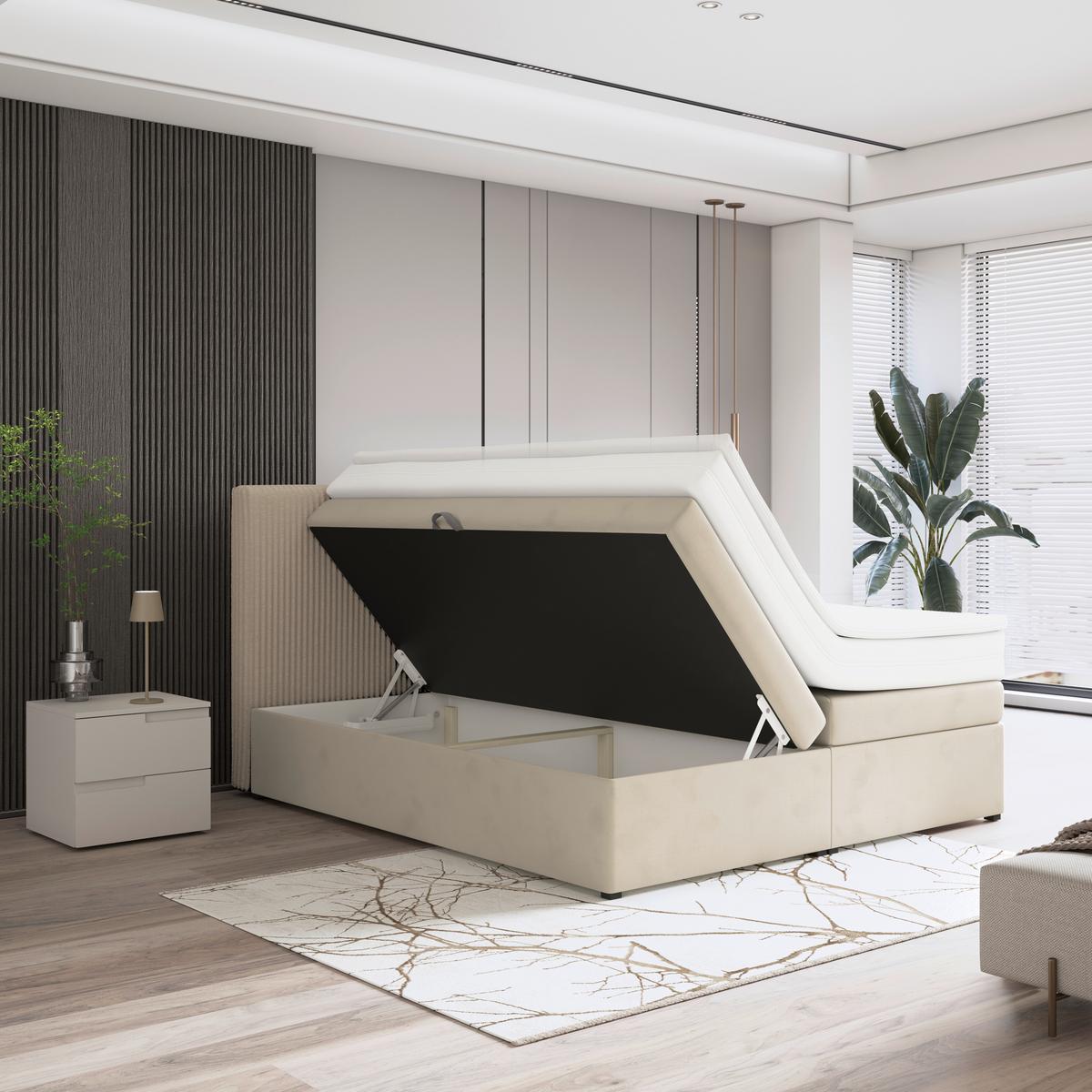 Boxspringbett Mit Topper Mit Bettkasten 180x200 Cm Rossa - Creme/Schwarz, MODERN, Holzwerkstoff/Textil (180/200cm)