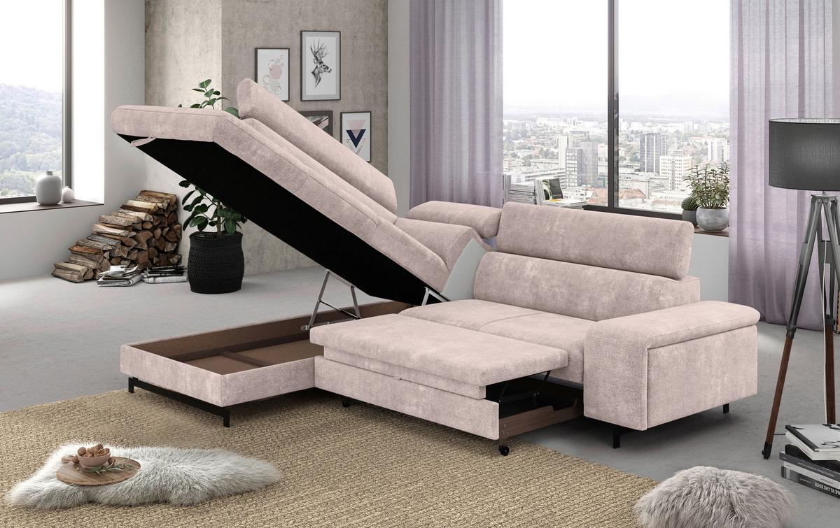 Ecksofa mit Bettkasten Emma Creme 215x262 cm - Blau/Creme, Textil (215/262cm) - MID.YOU