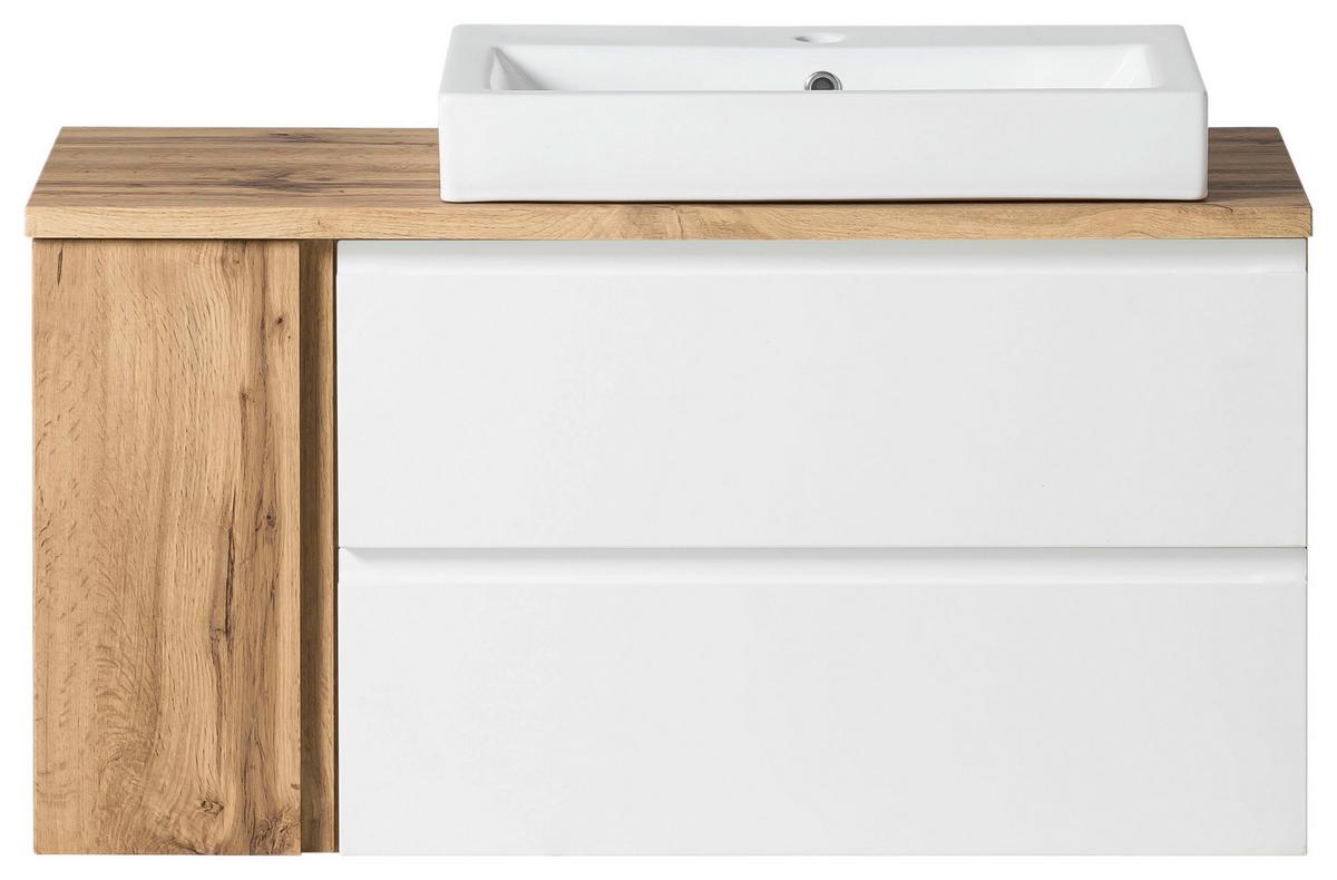 Waschbecken mit Unterschrank Varese B: 150 cm Eiche/Weiß - Eiche Wotan/Weiß, MODERN, Keramik/Holzwerkstoff (105cm) - Held