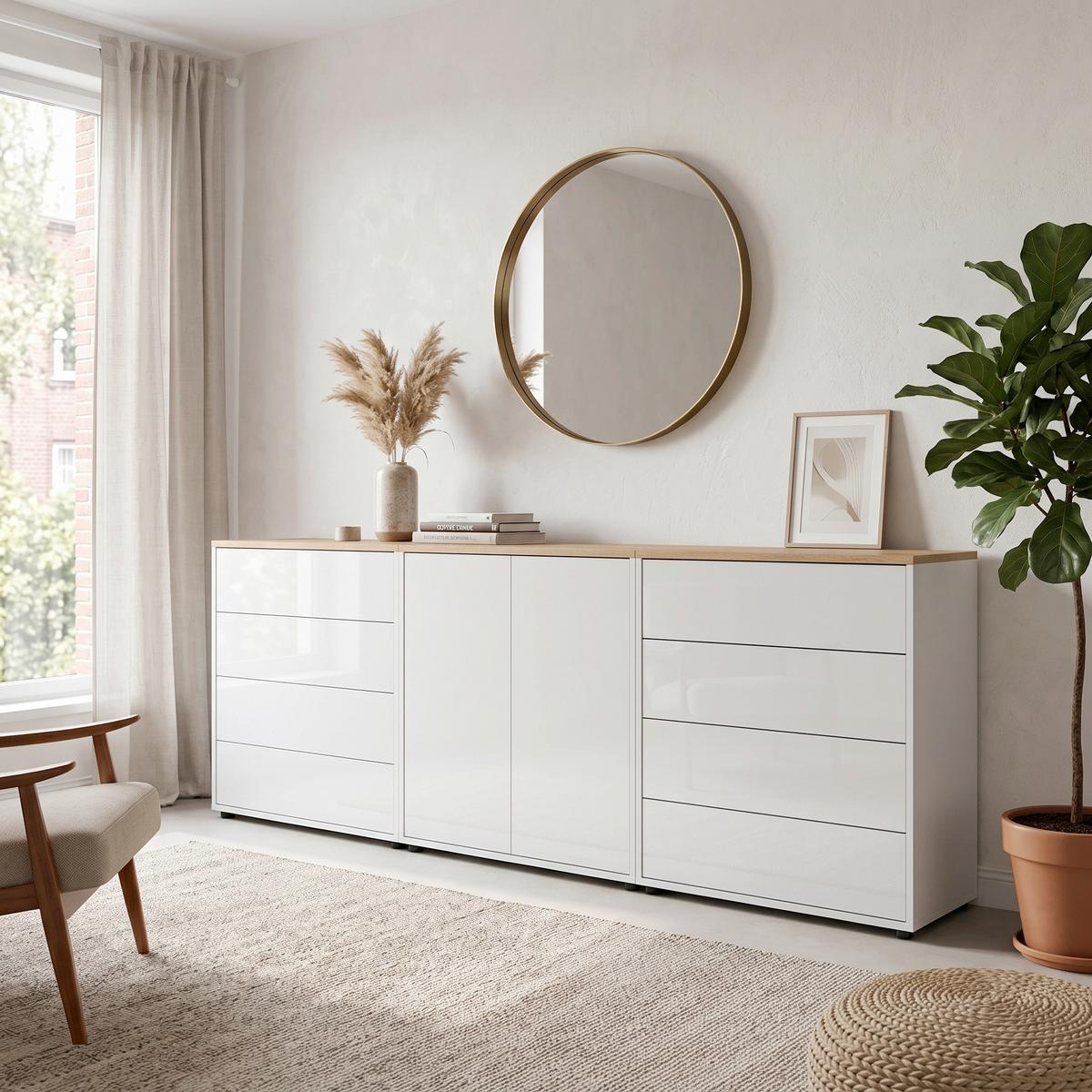 SIDEBOARD Mailand4 B:237cm Weiß/Eiche - Weiß Hochglanz/Schwarz, MODERN, Holzwerkstoff (237/73/33cm) - MID.YOU
