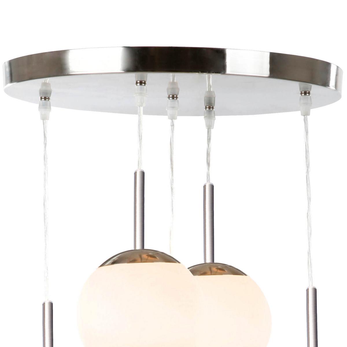 Hängeleuchte Balla H: 90 Cm 5-Flammig, Mit Opalglas-Kugeln - Opal/Nickelfarben, Basics, Glas/Metall (50/90cm) - Globo