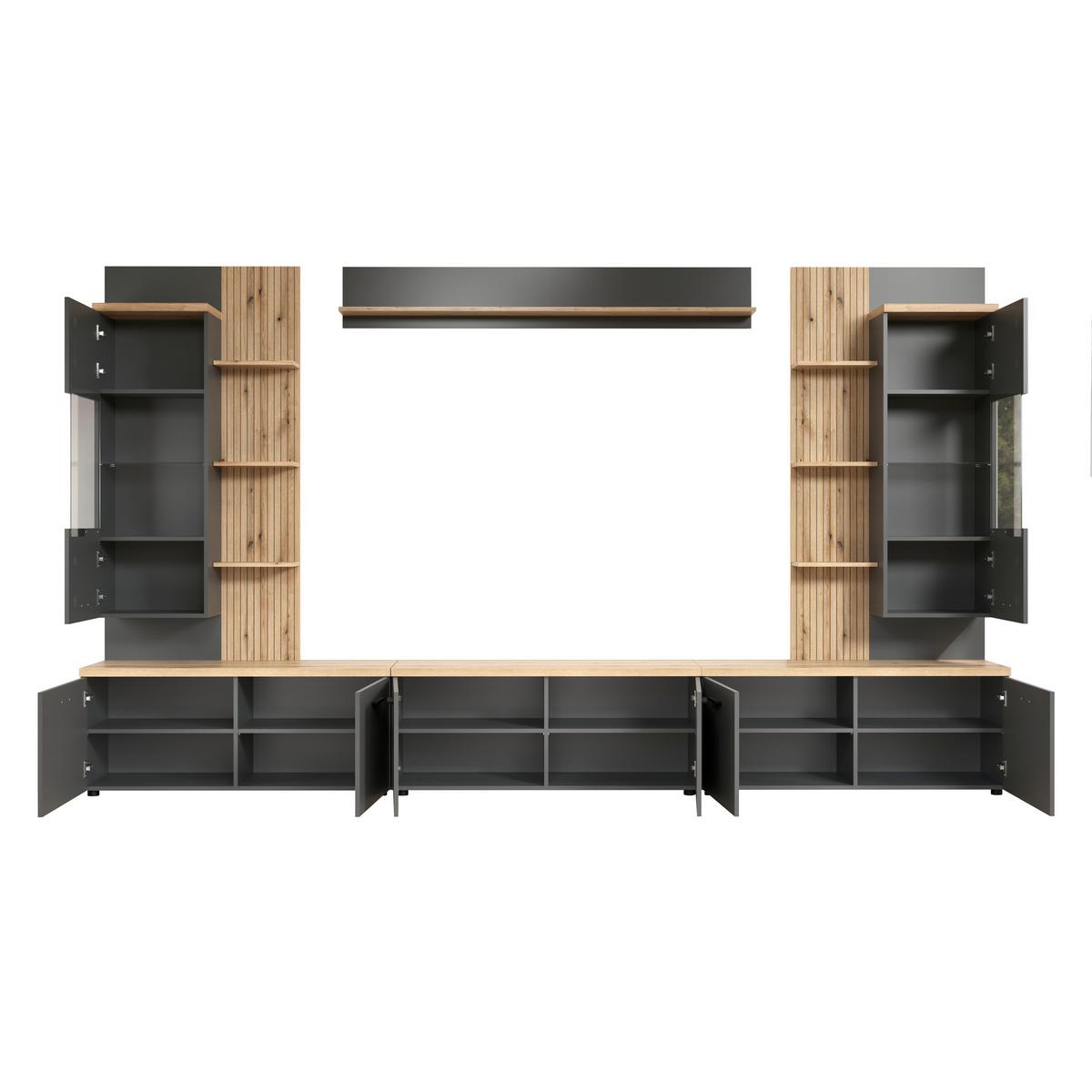 Wohnwand Baggio Anthrazit/Eichefarben B: 360cm - Eichefarben/Anthrazit, Design, Glas/Holzwerkstoff (360/212/40cm) - MID.YOU