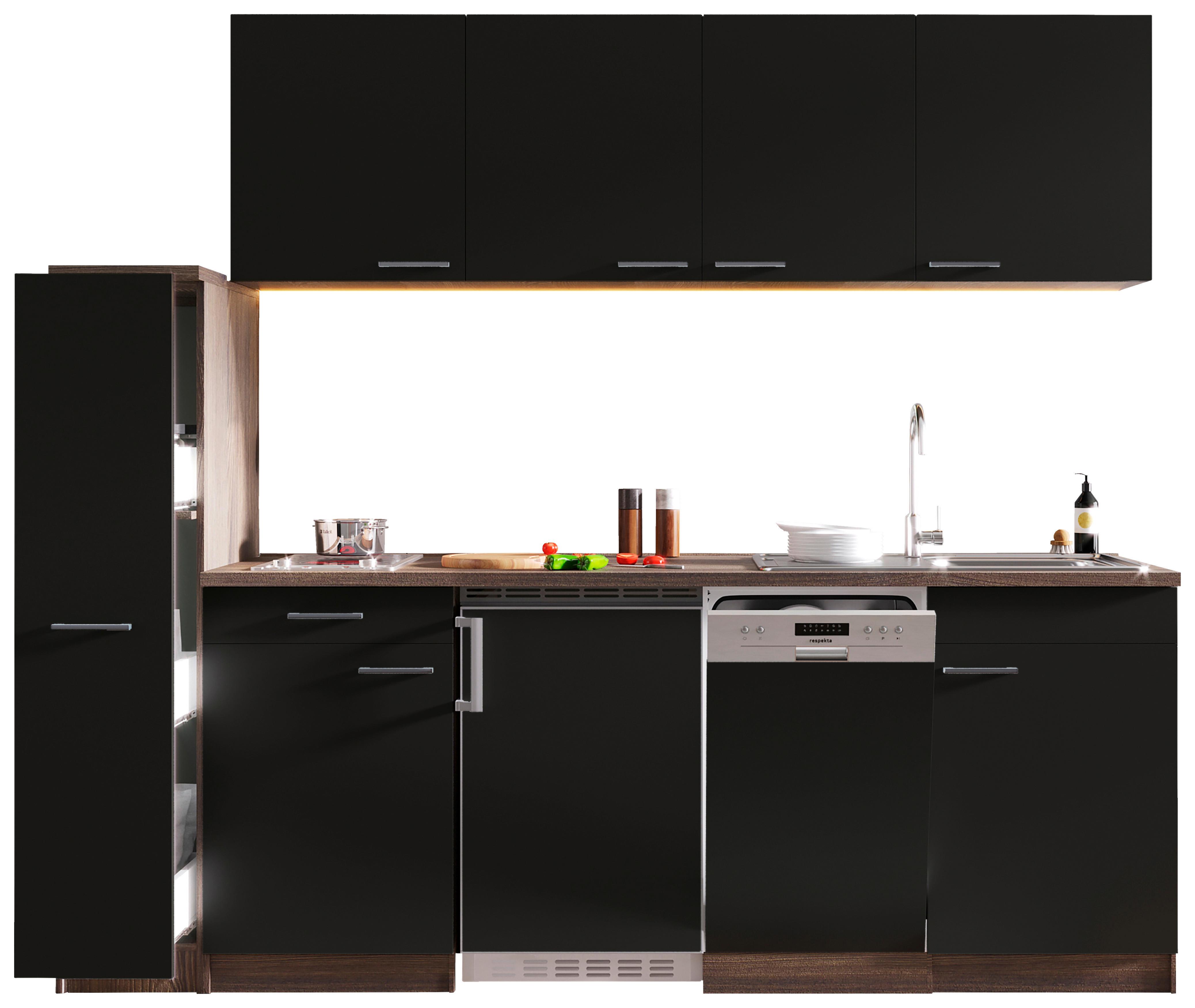 Küchenblock Oliver Singleküche 225 cm - Eichefarben/Schwarz, Basics, Holzwerkstoff (225cm) - Respekta