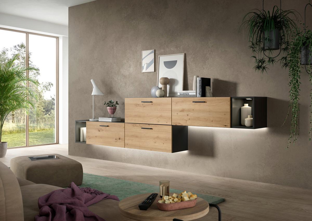 Wohnwand, The One 4, B: 276 cm Artisan Eiche Dekor/Grau - Schwarz/Eiche Artisan, Trend, Holzwerkstoff (276/97/34cm)