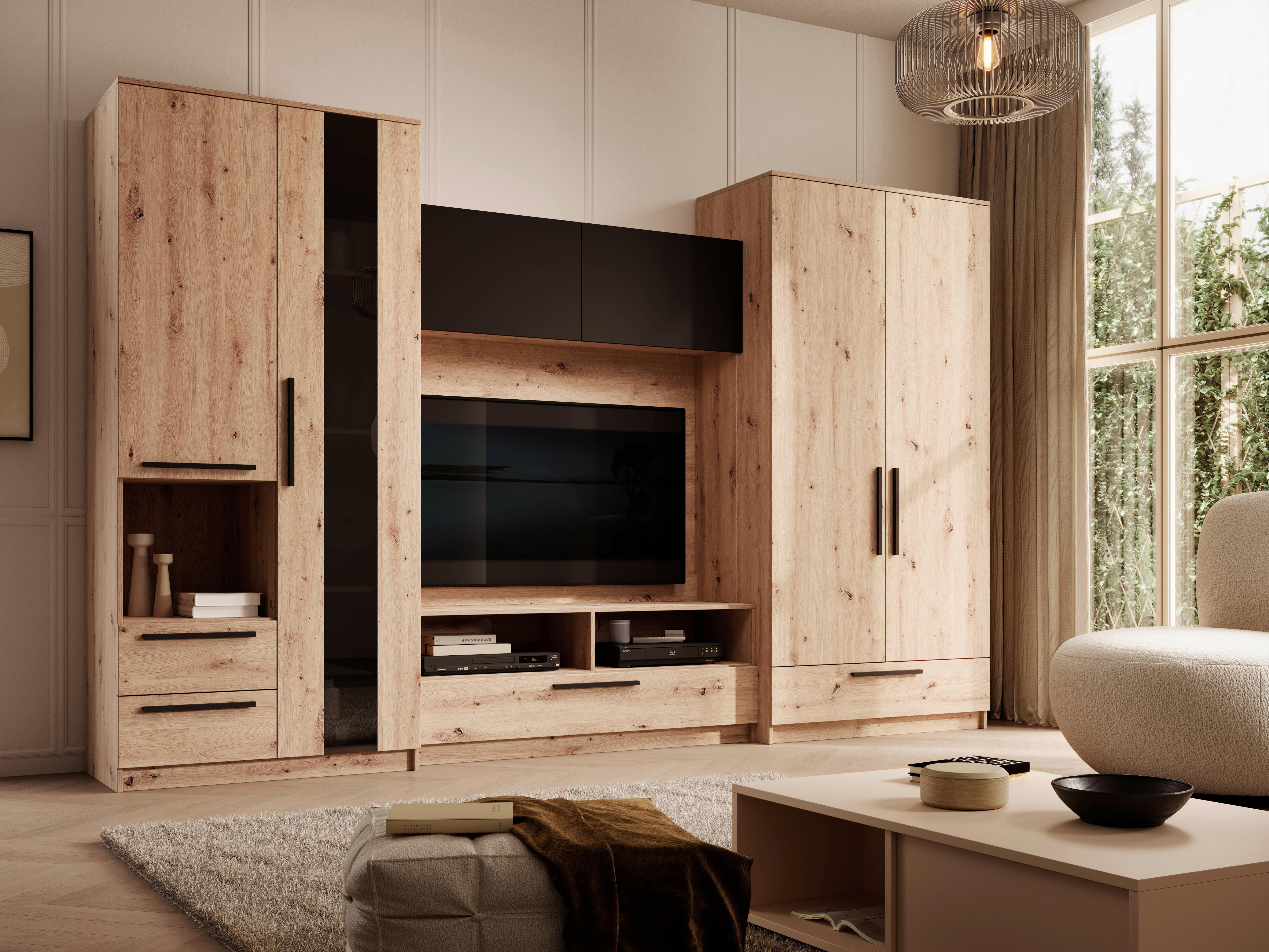 Szekrénysor Malaga - tölgyfa színű/fekete, Modern, faalapú anyag (320/200/50cm) - Best Price