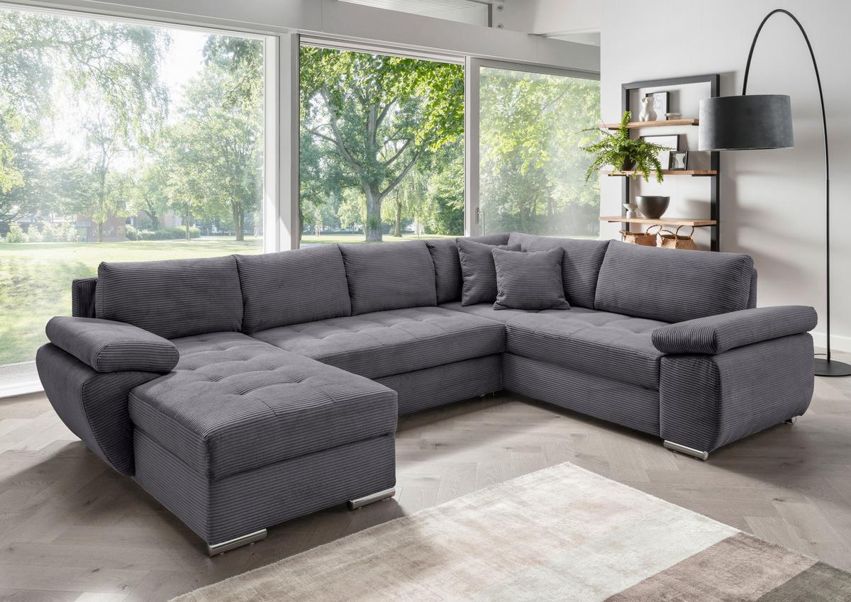 Wohnlandschaft Terana mit Schlaffunktion, Grau - Chromfarben/Grau, KONVENTIONELL, Textil (157/305/219cm) - P & B