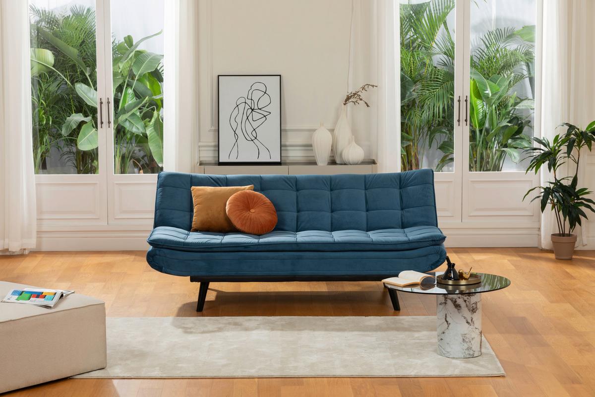 3-Sitzer-Sofa Mit Schlaffunktion Tuvalu B: 195cm - Blau/Schwarz, Design, Holz/Textil (195/96/96cm) - MID.YOU