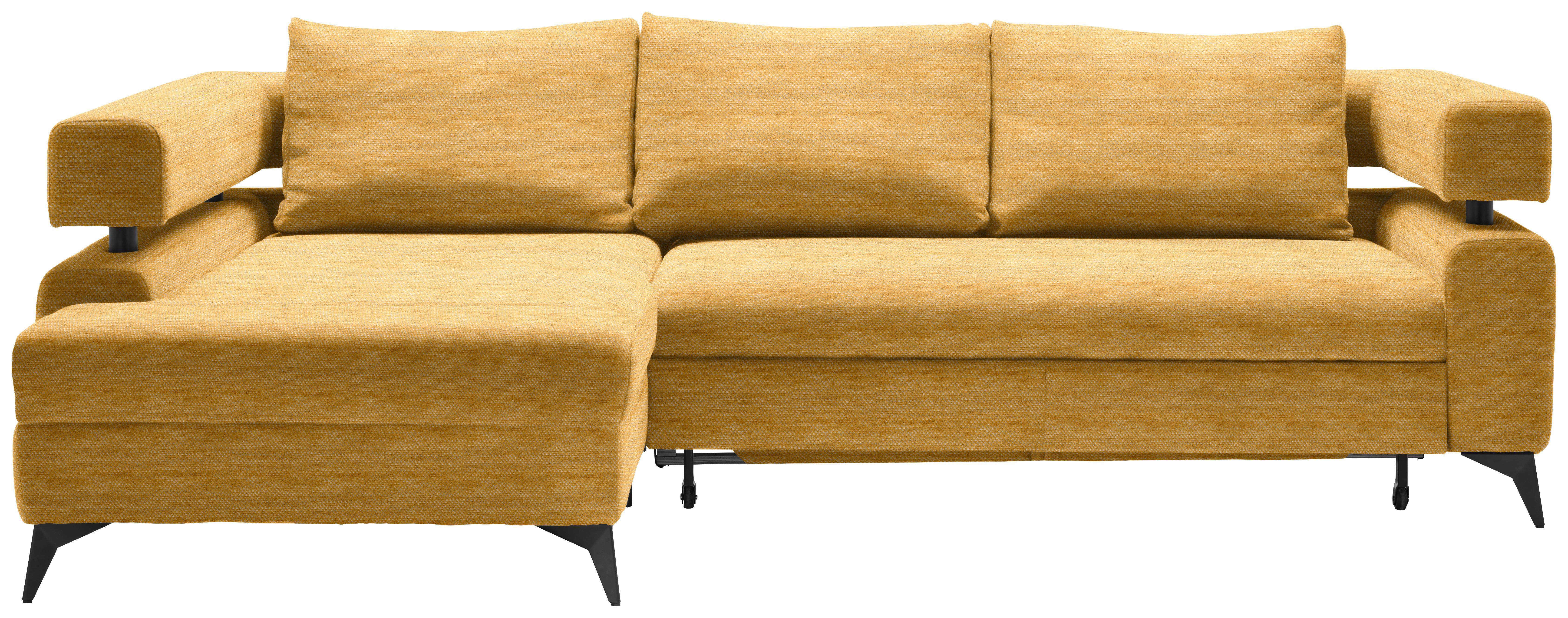 Rohová sedačka ROSALIE, levá s úložným priestorom a lôžkom - curry žlutá/černá, Konvenční, kov/textil (184/265cm)