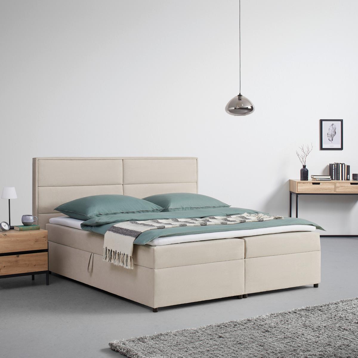Postel boxspring s toperem, 180x200 cm, béžová - černá/béžová, Moderní, kov/dřevo (180/200cm) - Bessagi Home