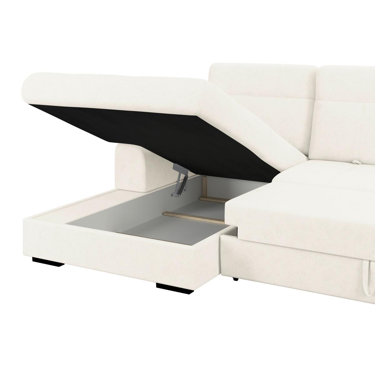 Ecksofa mit Bettfunktion Malaga new Chenille elfenbein - Elfenbein/Schwarz, KONVENTIONELL, Textil (203/286cm) - Ondega