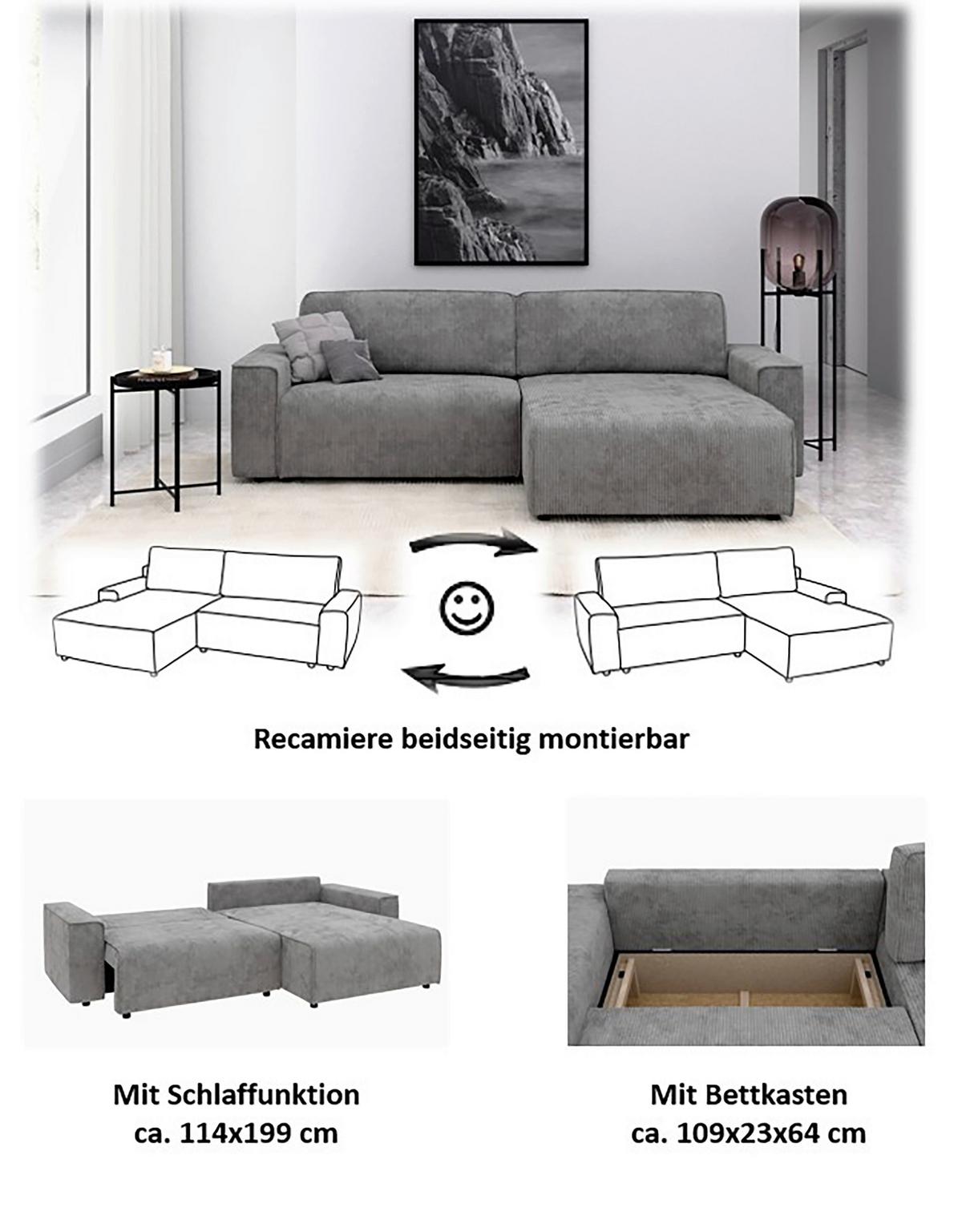 Ecksofa Chance, Hellgrau S: 265x164 cm - Hellgrau/Schwarz, MODERN, Textil (265/164cm) - Trendmanufaktur