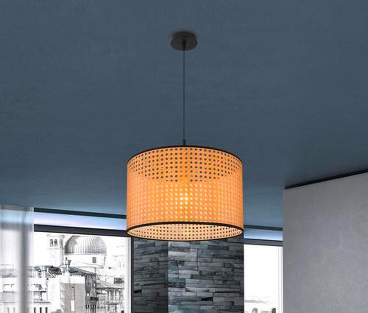 Hängeleuchte Grizzana H: 140 Cm 1-Flammig, Im Retro-Look - Schwarz/Naturfarben, Natur, Kunststoff/Metall (45/140cm) - Globo