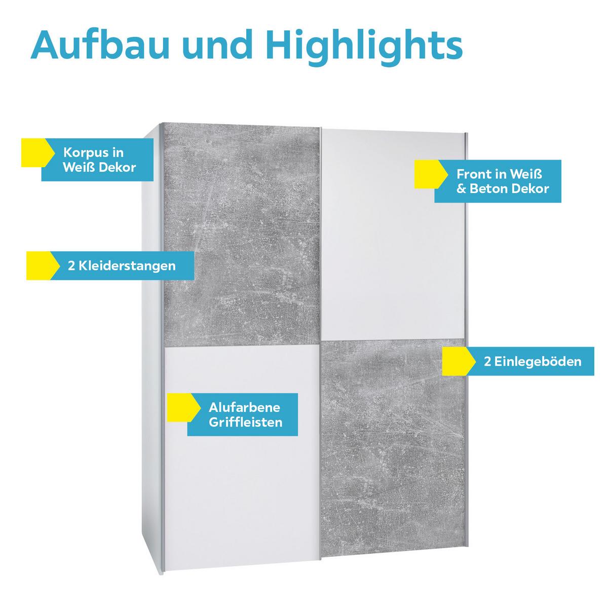 Schwebetürenschrank 170cm Starter, Betonoptik/weiß - Eichefarben/Weiß, KONVENTIONELL, Holzwerkstoff (170/195/59cm) - P & B