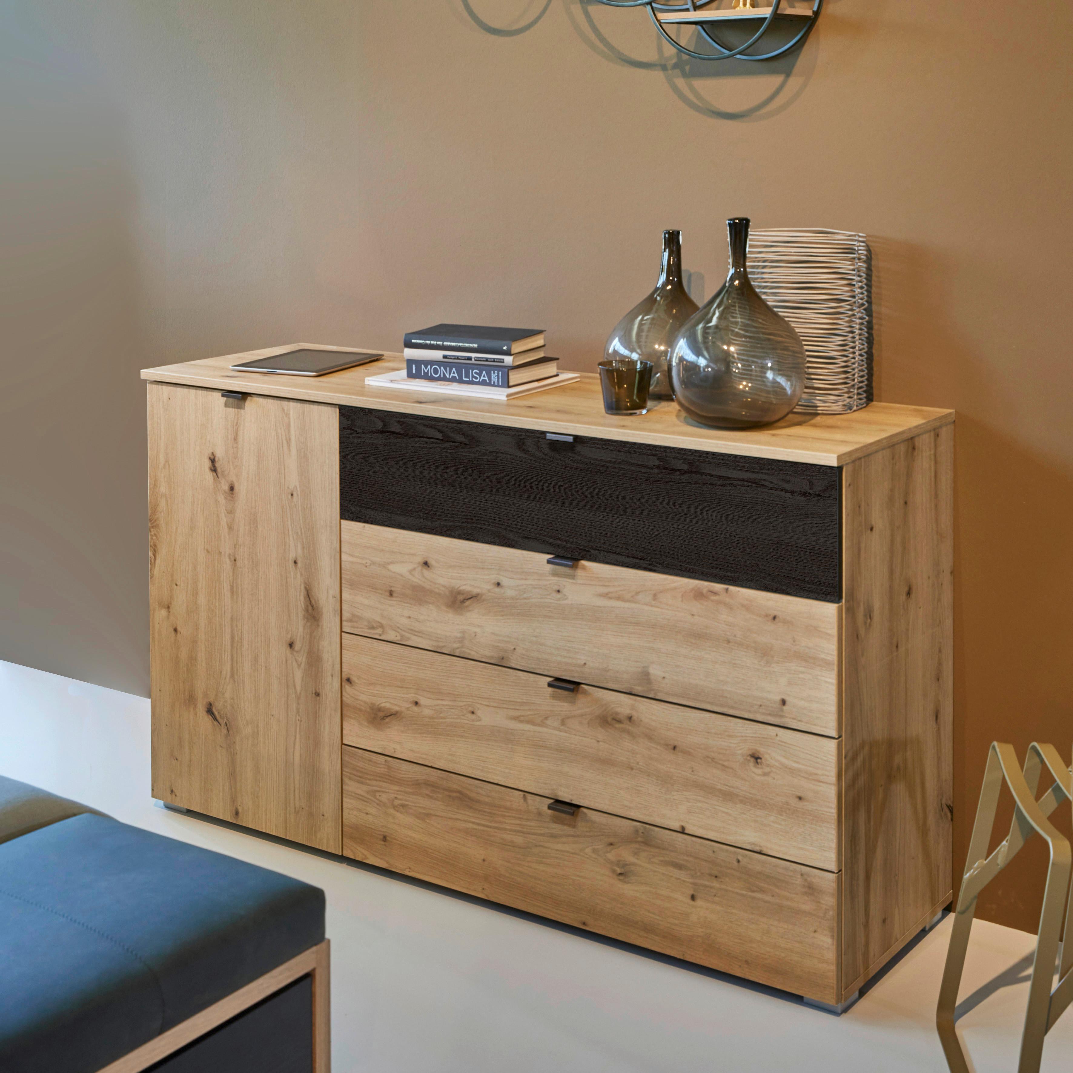 Kommode Apollon Schwarz/eiche Artisan B: 120cm - Alufarben/Schwarz, MODERN, Holzwerkstoff (120/81/42cm) - Rauch Möbel