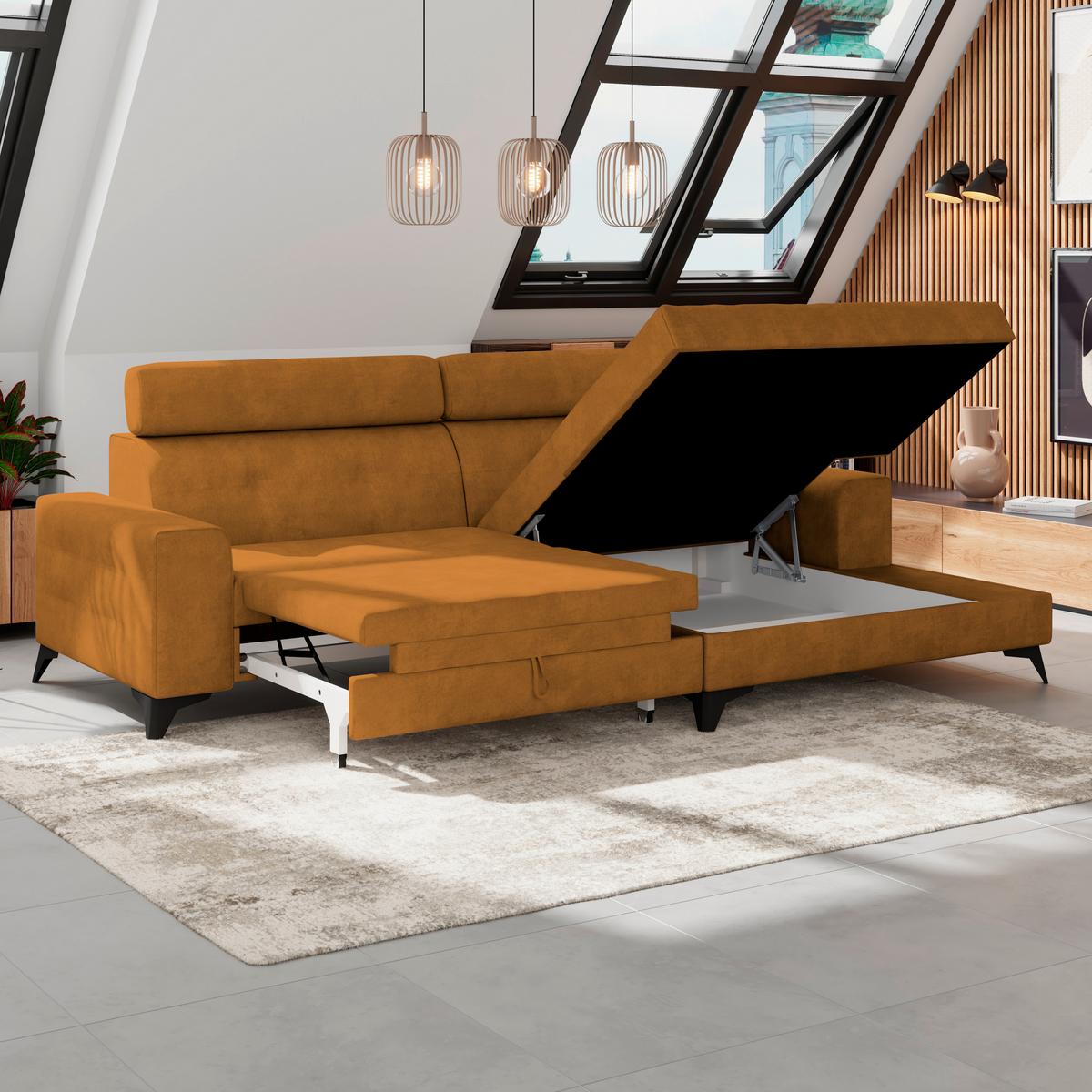 Ecksofa Mit Schlaffunktion Florida Senfgelb Samt - Senfgelb/Schwarz, MODERN, Holz/Holzwerkstoff (275/175cm)