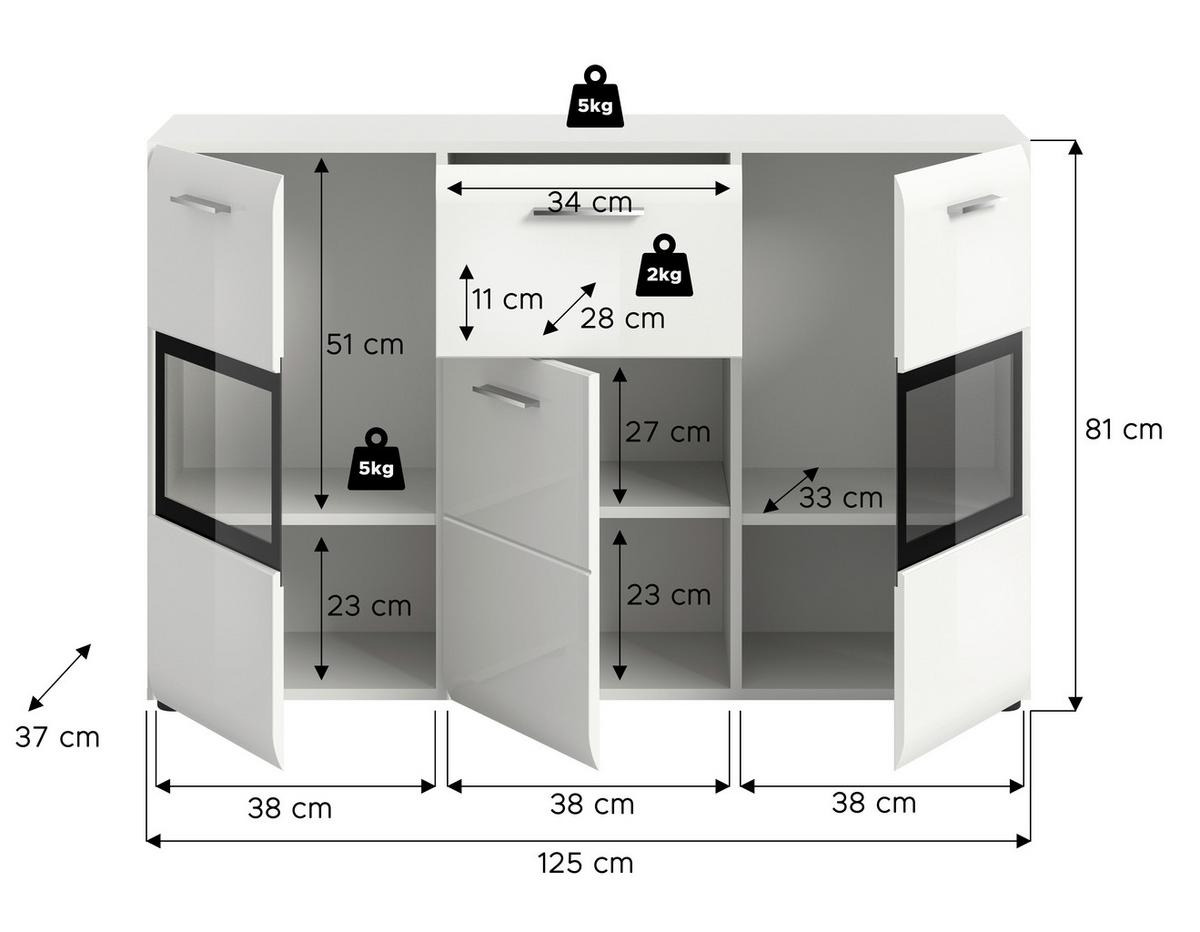 Sideboard Ice Weiß/weiß Hochglanz B: 125 Cm - Weiß Hochglanz/Schwarz, Design, Holzwerkstoff (125/81/37cm) - Livetastic