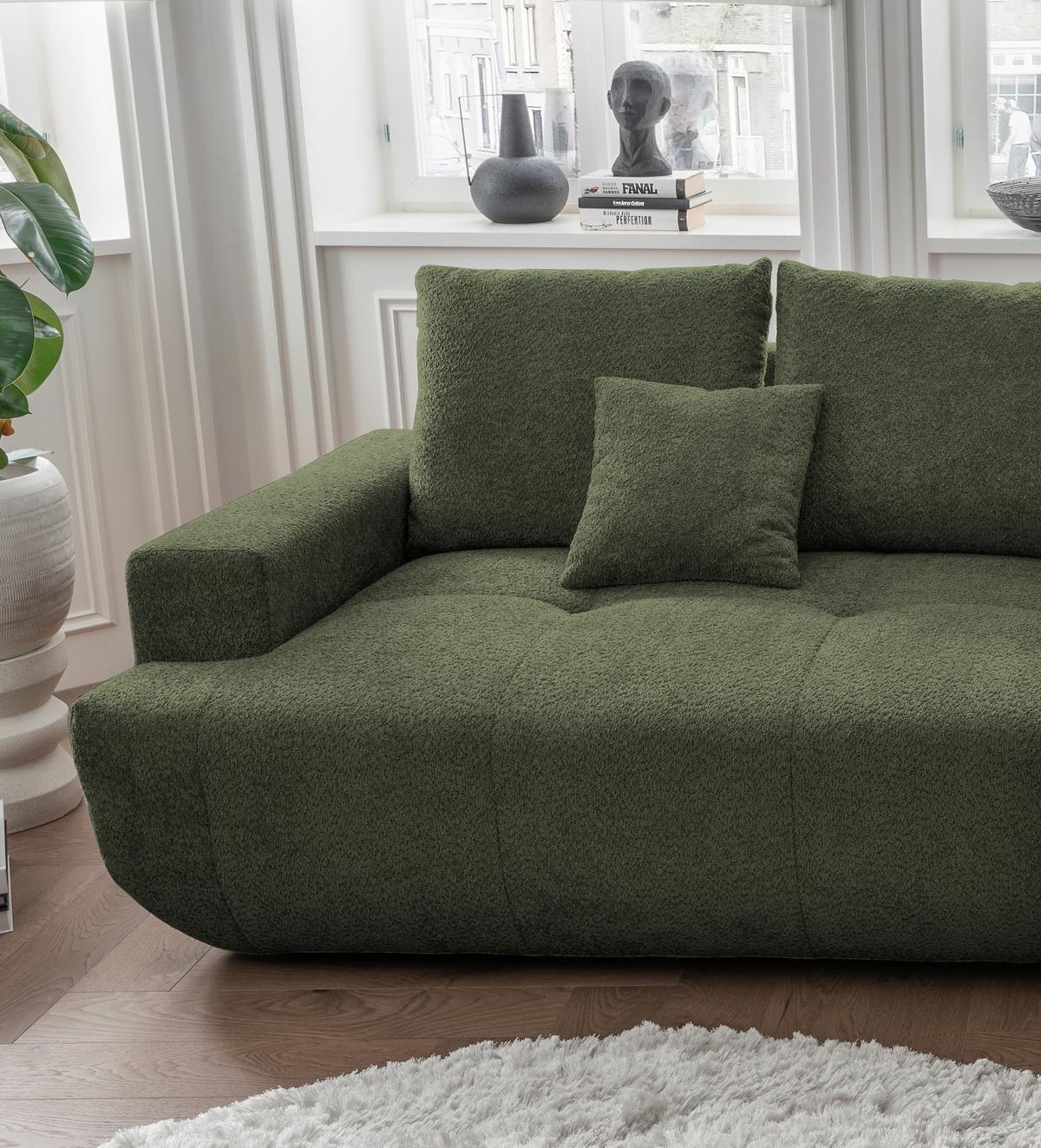 Big Sofa Fertilia Bouclé Dunkelgrün, B: 323 cm - Dunkelgrün/Schwarz, MODERN, Textil (323/91/155cm) - Livetastic