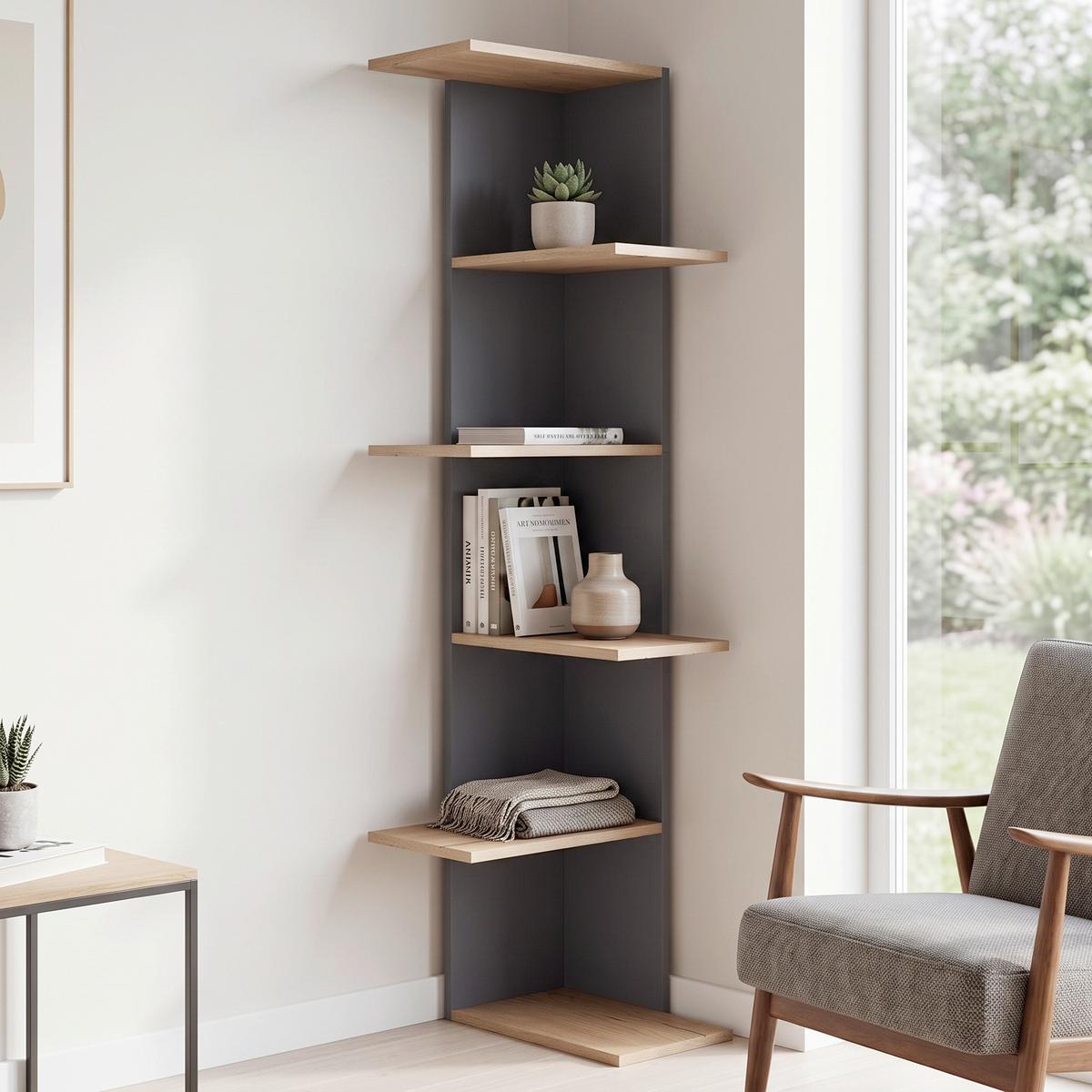 Eckregal Balos Schwarz, Honigeiche B: 37 cm - Honigeiche/Schwarz, LIFESTYLE, Holzwerkstoff (37/140/37cm) - MID.YOU