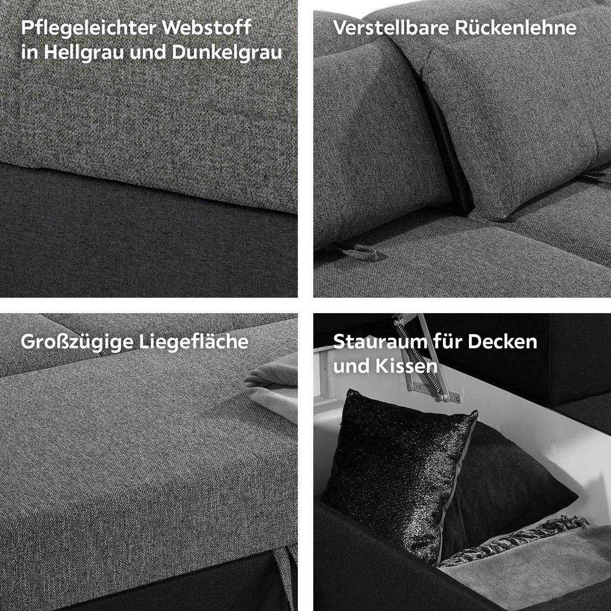 Ecksofa Mit Schlaffunktion + Bettkasten Malaga, Webstoff - Dunkelgrau/Silberfarben, KONVENTIONELL, Textil (286/203cm) - Ondega