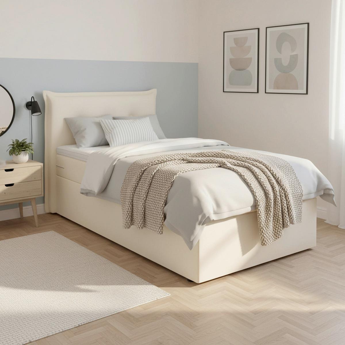 Boxspringová posteľ POLO 90x200, krémová - čierna/slonovinová, Modern, drevo/textil (90/200cm) - Bessagi Home