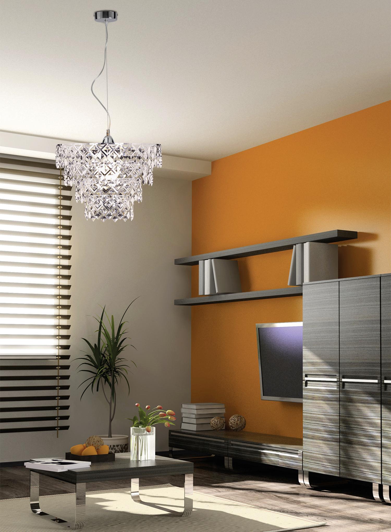 Einflammige Hängeleuchte FANCY mit ihren funkelnden Elementen aus Acrylglas und Metall in Chrom