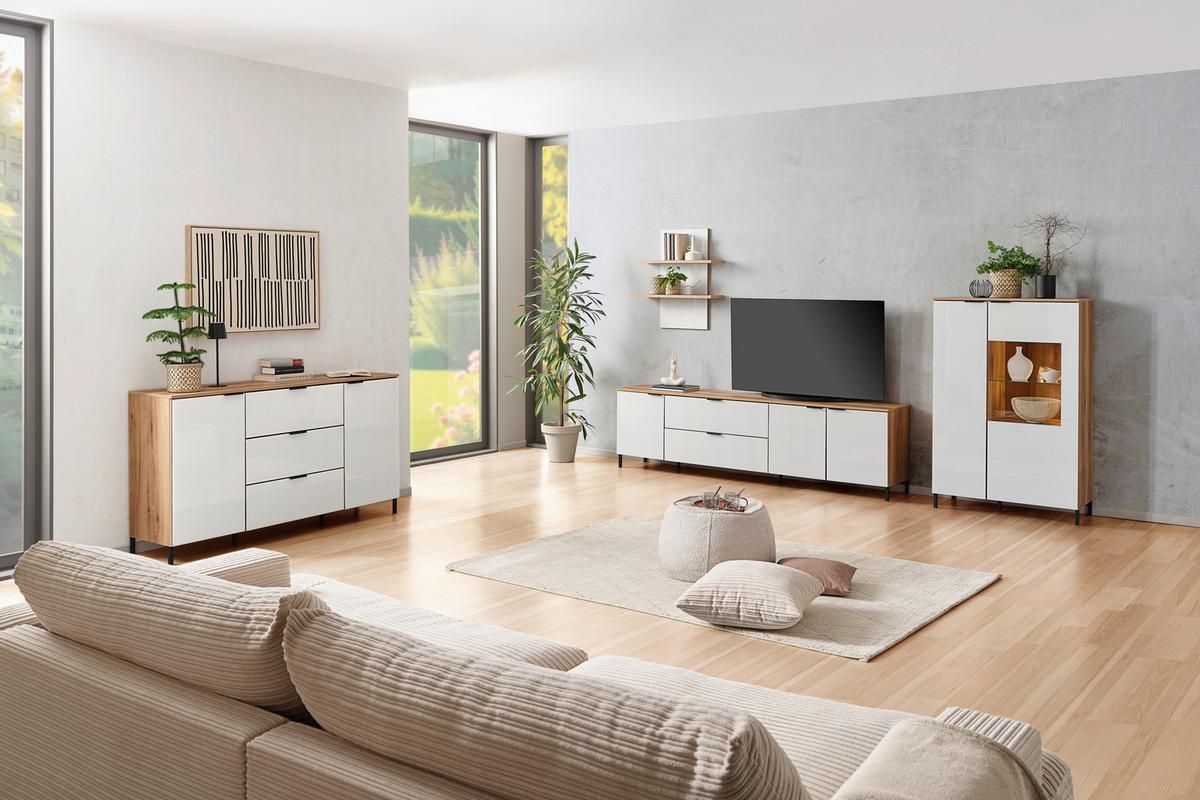 Wohnwand Austin 315 cm Eichefarben/Glasfront Weiß - Eichefarben/Weiß, Trend, Glas/Holzwerkstoff (315/140/40cm)