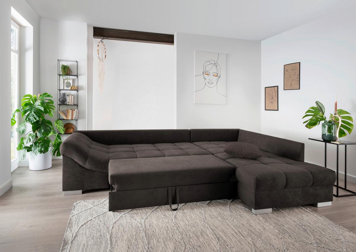 Eckschlafsofa Alvito Dunkelbraun S: 298/202 cm - Dunkelbraun/Silberfarben, Design, Textil (298/202cm) - MID.YOU
