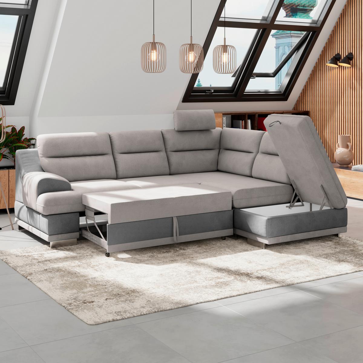 Ecksofa Mit Schlaffunktion & Bettkasten Seaside Hellgrau - Chromfarben/Hellgrau, KONVENTIONELL, Textil (264/217cm) - MID.YOU