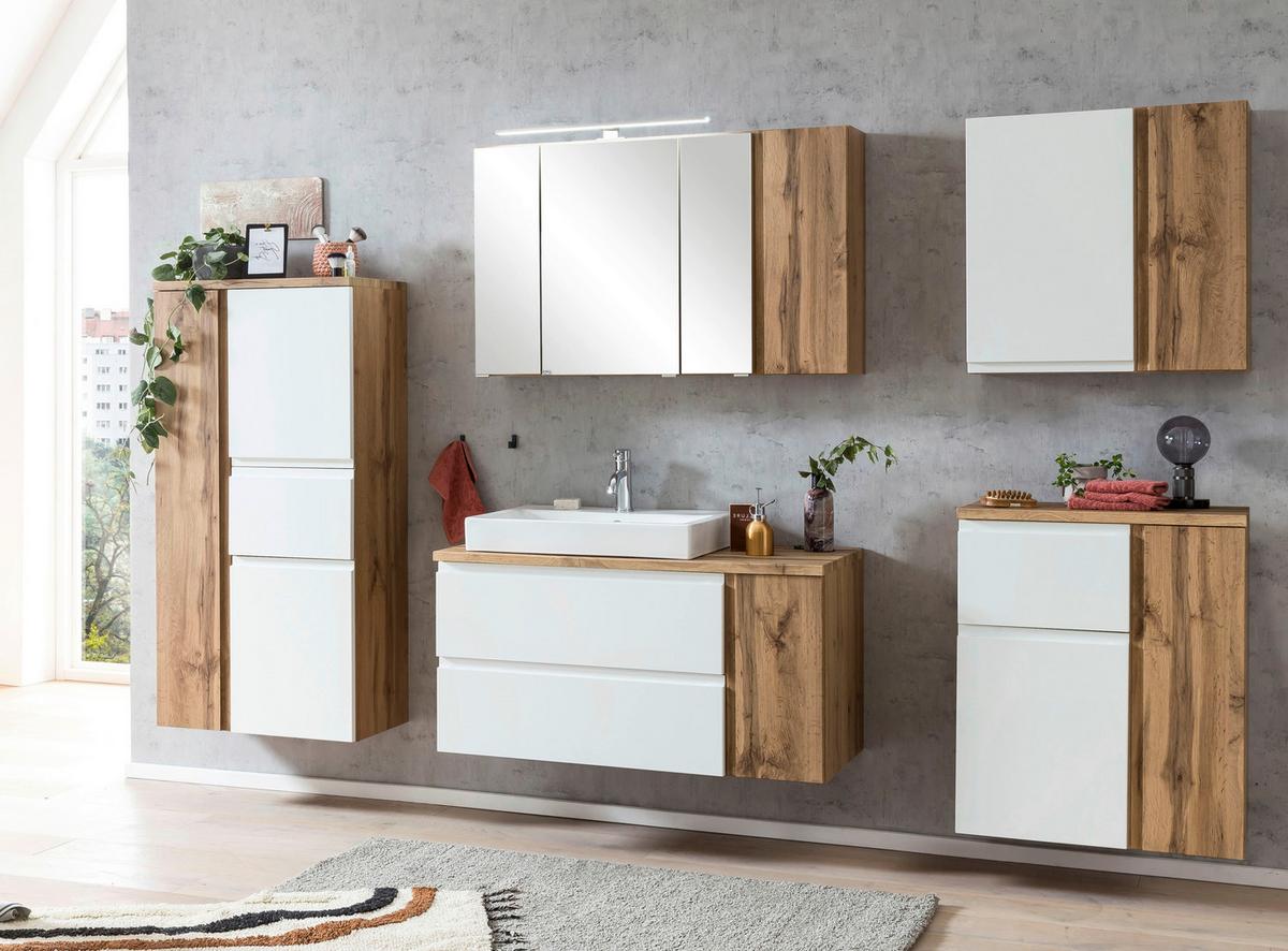 Waschbecken mit Unterschrank Varese B: 105 cm Weiß/Eiche - Eiche Wotan/Weiß, MODERN, Keramik/Holzwerkstoff (105cm) - Held