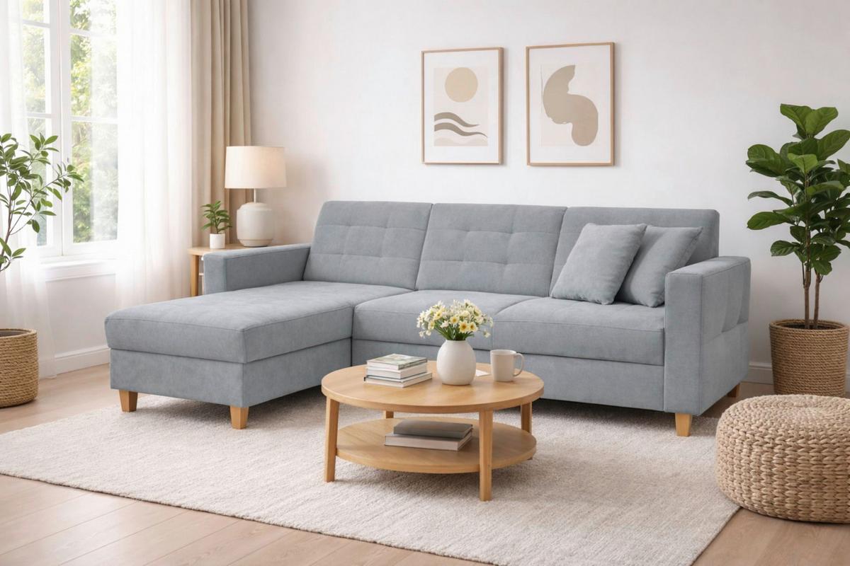 Rohová sedačka BJORN, oboustranná, šedá žinylka - šedá/přírodní barvy, Design, dřevo/textil (160/231cm) - Luca Bessoni