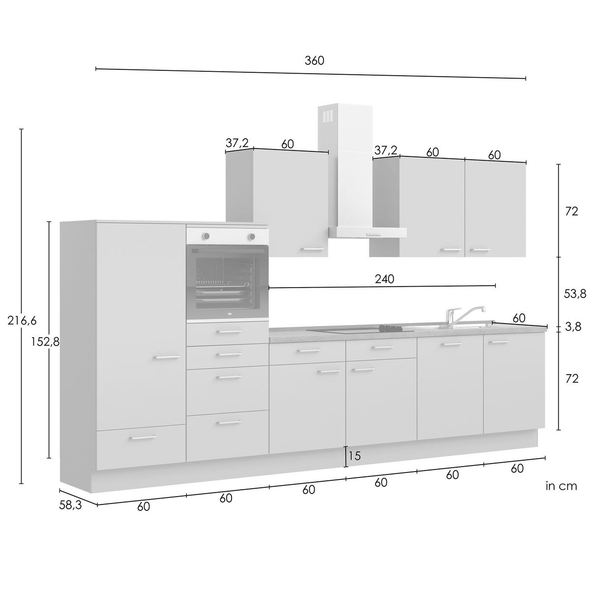 Kuchynská linka 360 cm, betónová sivá - sivá/farba ušľachtilej ocele, Modern, kov/kompozitné drevo (360cm) - Nobilia